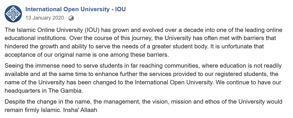 Pengumuman di akun FB IOU mengenai perubahan nama dari Islamic Online University menjadi International Open University