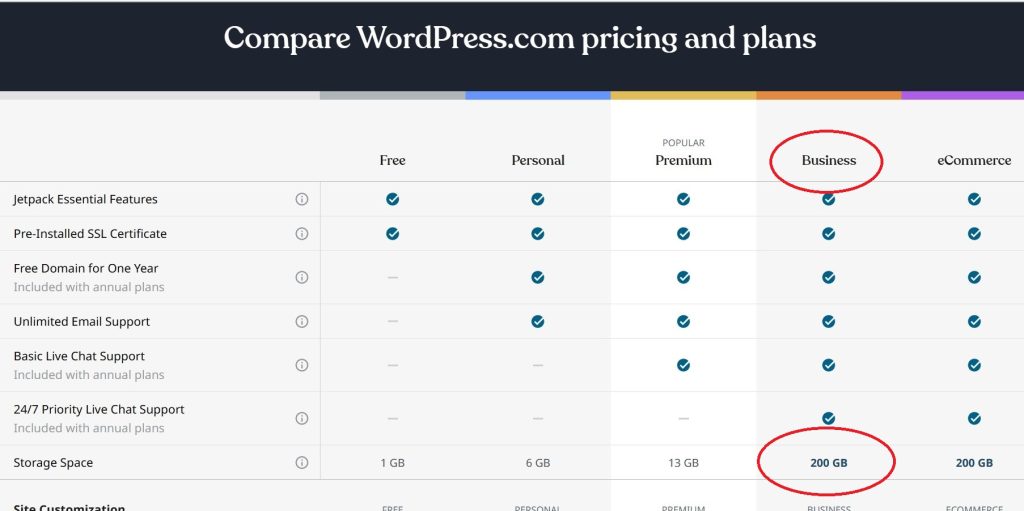 Gambar tangkapan layar kapasitas ruang penyimpanan WordPress.com paket Business berubah menjadi 200 GB di tahun 2019.