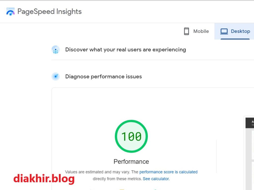 Gambar tangkapan layar hasil pengujian PageSpeed Insight di atas memperlihatkan skor 100 untuk mobile dan 100 untuk desktop.