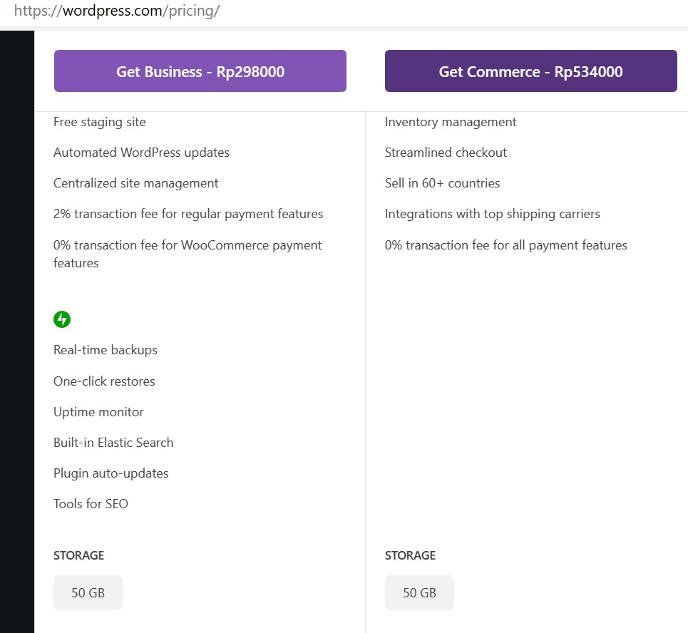 Gambar tangkapan layar kapasitas ruang penyimpanan WordPress.com paket Business yang berubah dari 200 GB menjadi 50 GB di tahun 2023