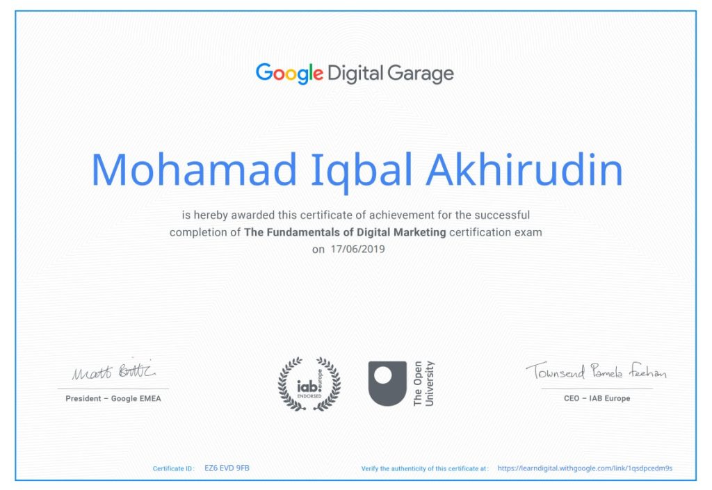 sertifikat Google Digital Garage: The Fundamental of Digital Marketing Mohamad Iqbal Akhirudin